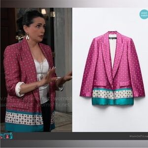 Zara Satin Effect Printed Open Front Blazer Jacket Pink Teal Blue size Small